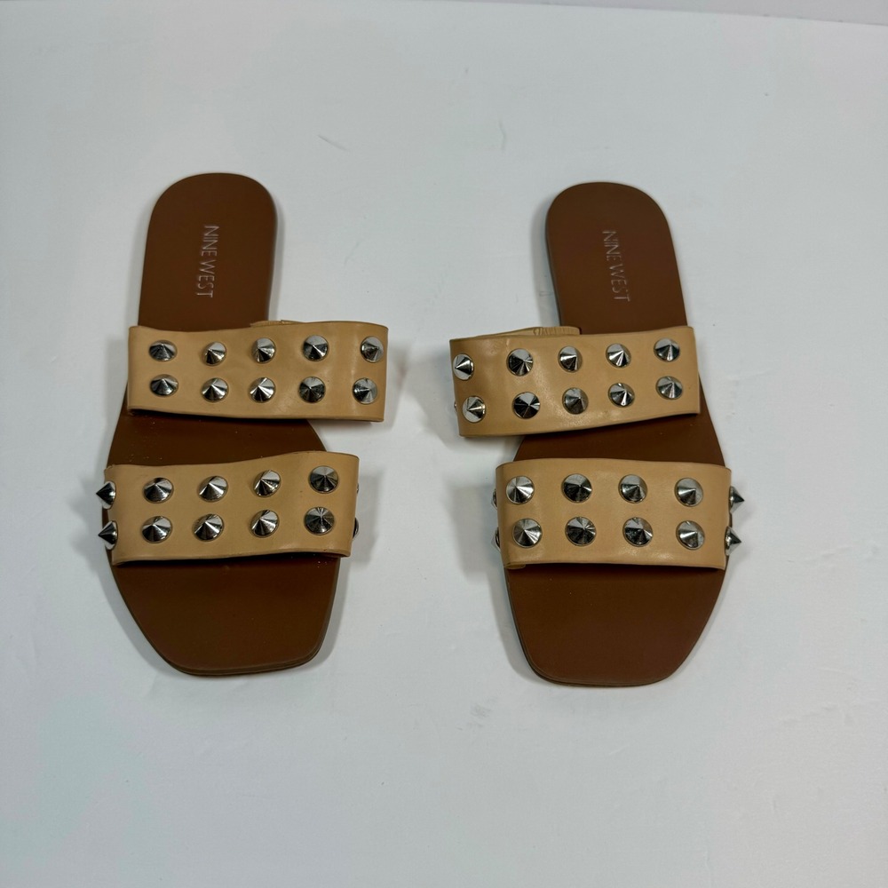 Nine‎ West Studded Slide Sandals Two Strap Flats Casual Shoes Size 7M